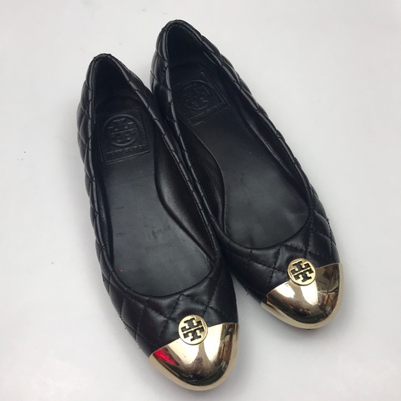 Tory Burch Shoes - Tory Burch Black Quilted Gold Toe Ballet Flats